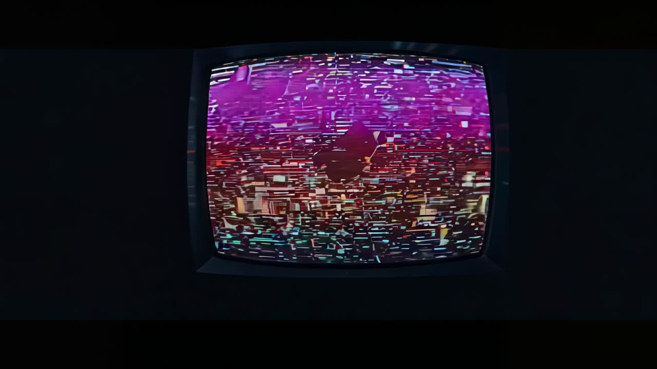 Powering on cathode-ray display in dark room, cycling bands scattering fragments around silhouette