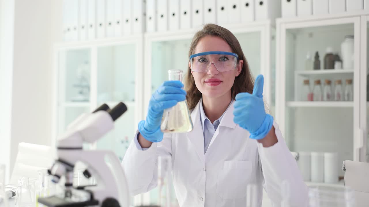 Scientist in laboratory with flask giving thumbs up