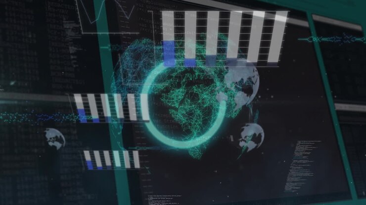 Animation of data processing over globe on black background