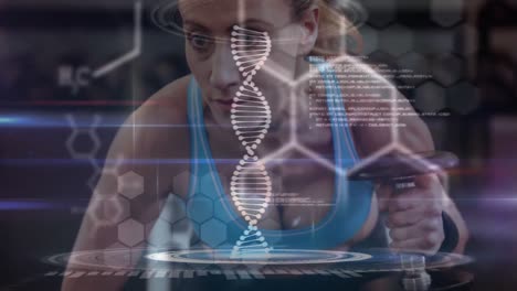 Animation-of-dna-strand-spinning-and-data-processing-over-strong-woman-exercising