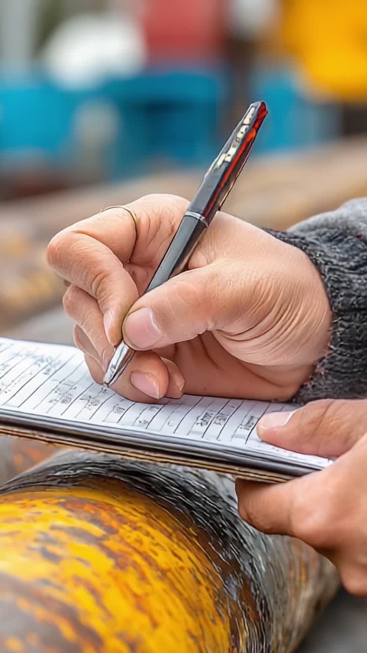 Intricate Documentation Process Captured: Close-Up of a Hand Writing on a Notebook, Featuring a Pen on a Metallic Surface, Emphasizing Precision and Detail