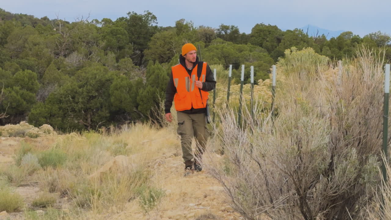 The hunter walks towards the right location to aim at the deer during the animal hunting season. fun hobby adventure in the wild.