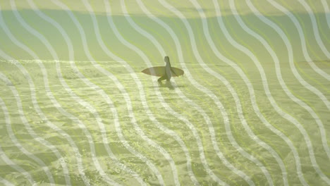 surfer carrying surfboard walking into ocean at sunrise, health industry graphic showing wavy lines