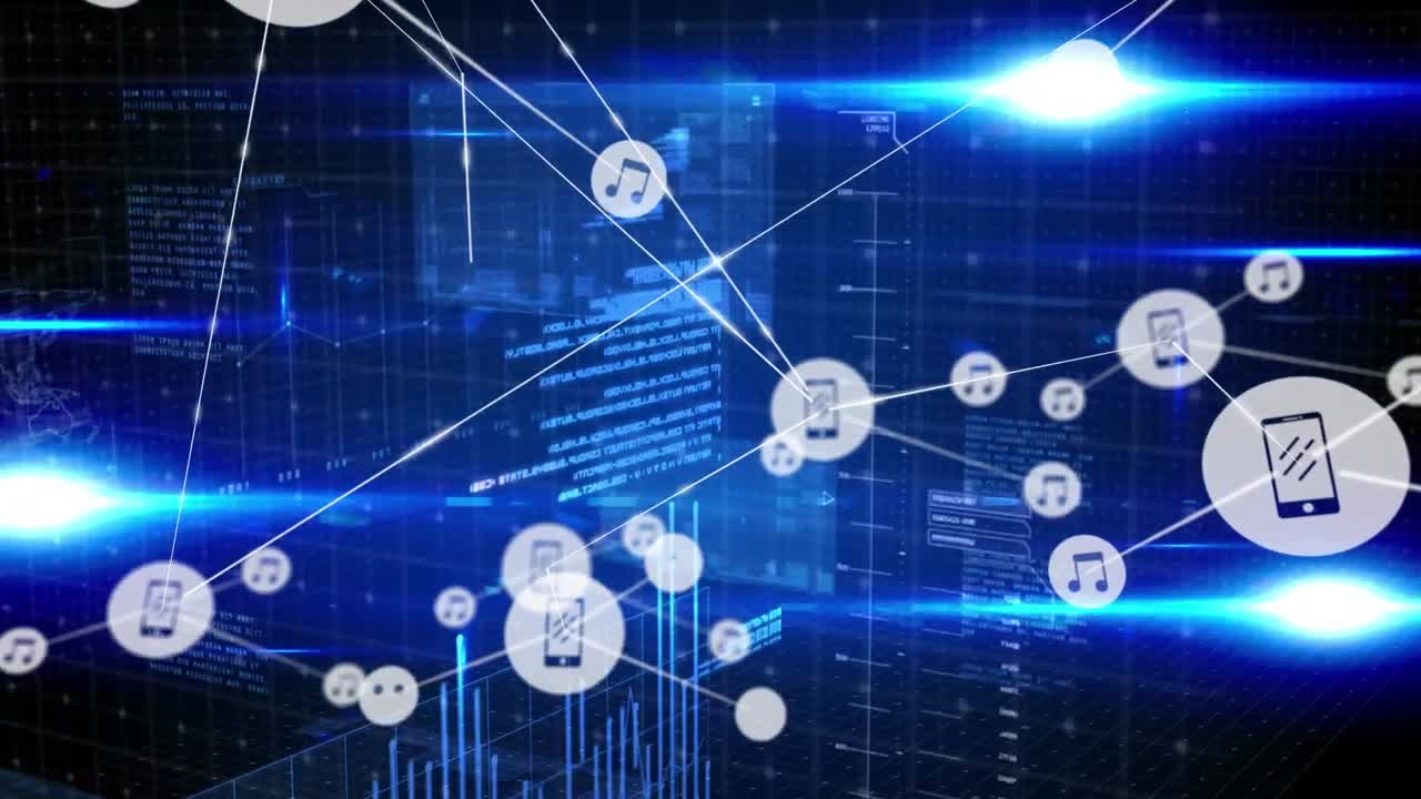 animación de redes de conexiones con iconos sobre el procesamiento de datos