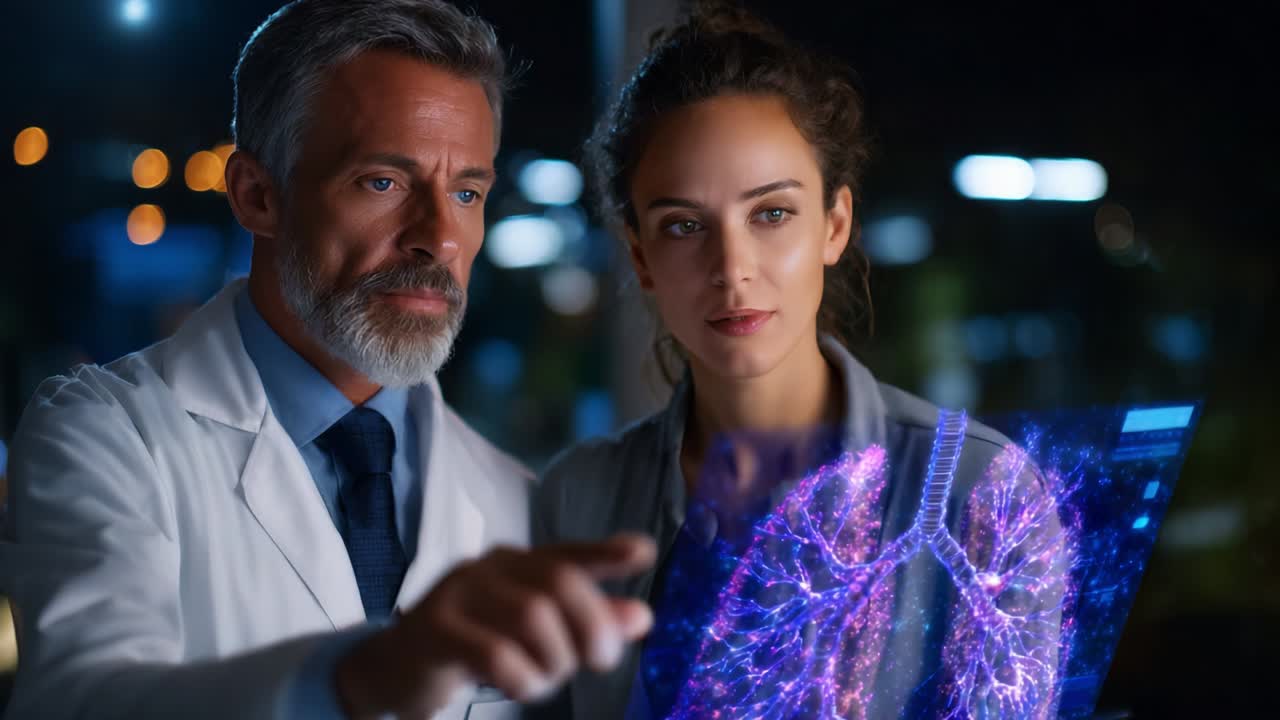 A focused collaboration between medical professionals analyzing digital lung imagery, showcasing advanced technology in healthcare with an emphasis on intricate biological structures and patient care insights
