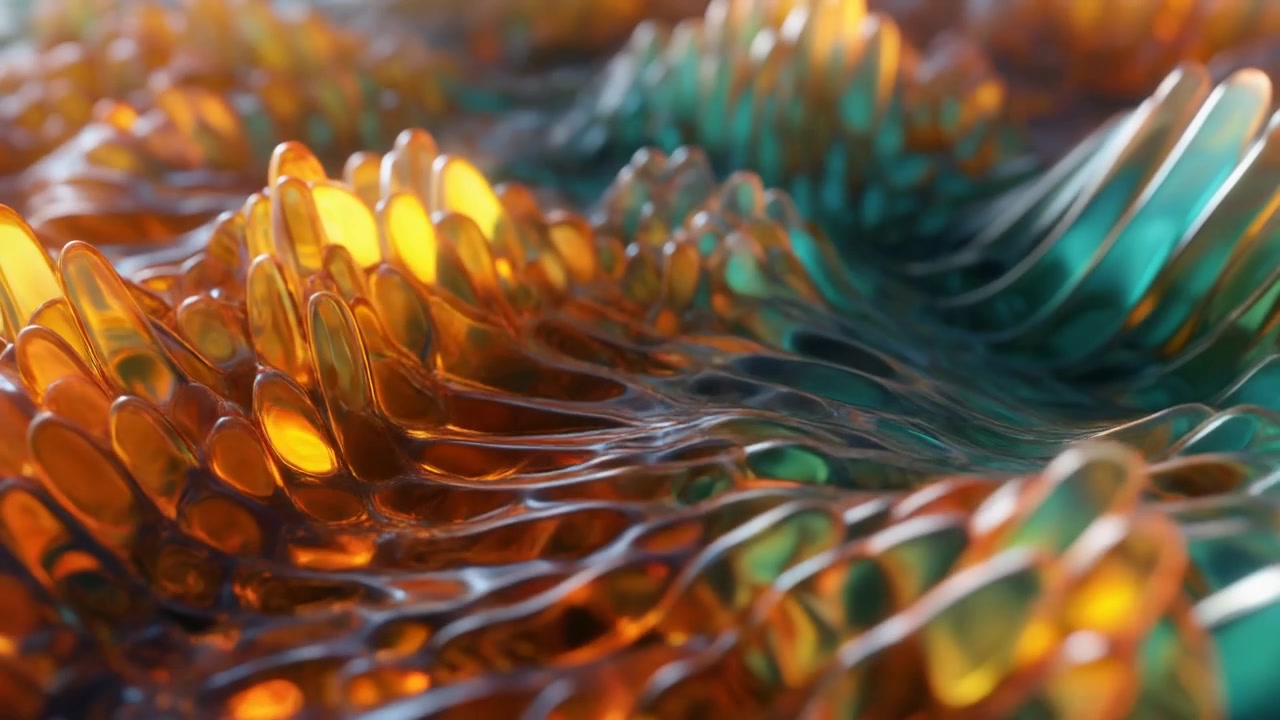 Abstract 3D Animation of Flowing Orange and Teal Glass Waves