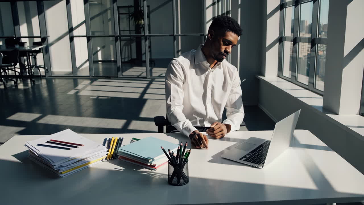 Businessman working on laptop in modern office