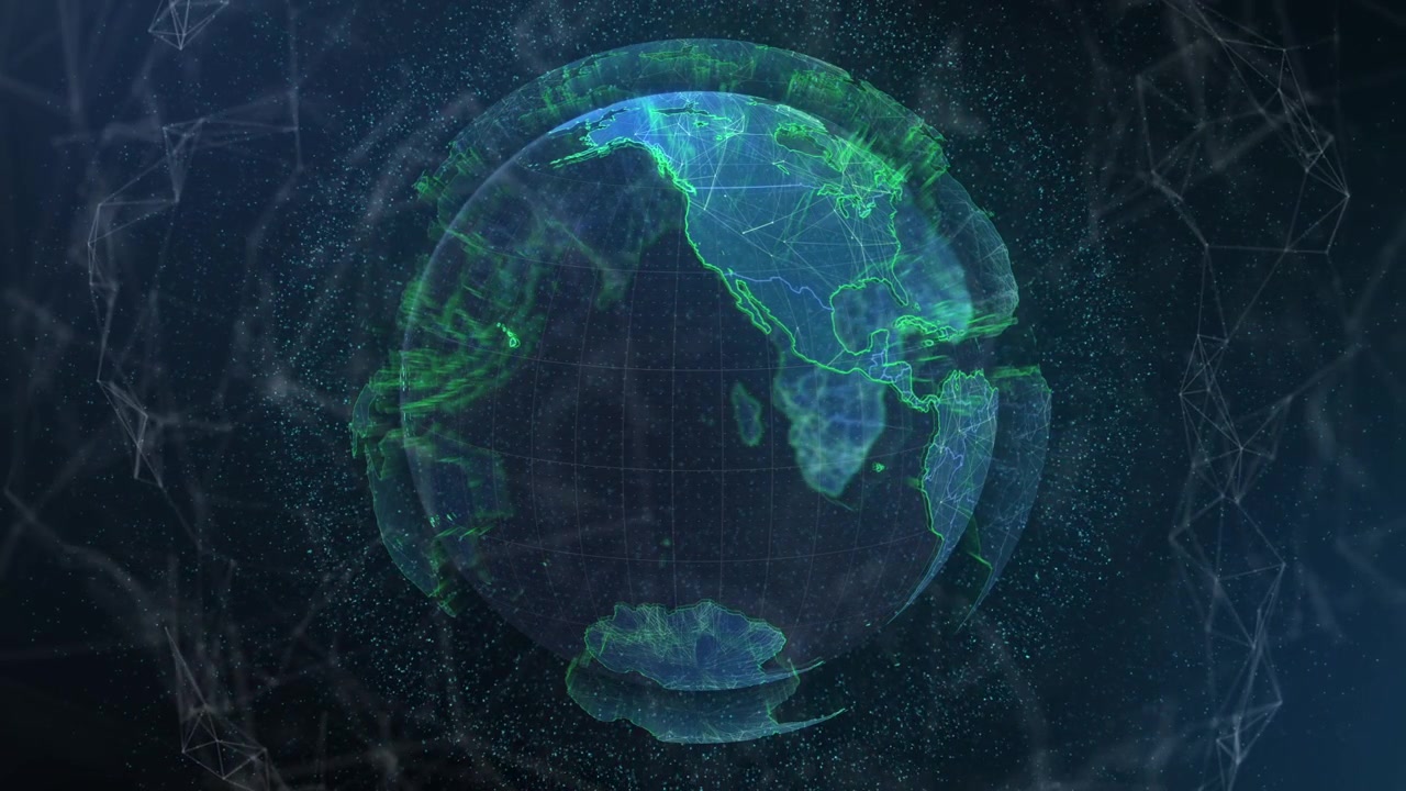 Appearing transparent digital globe rotating in digital void, with pulsing network bands