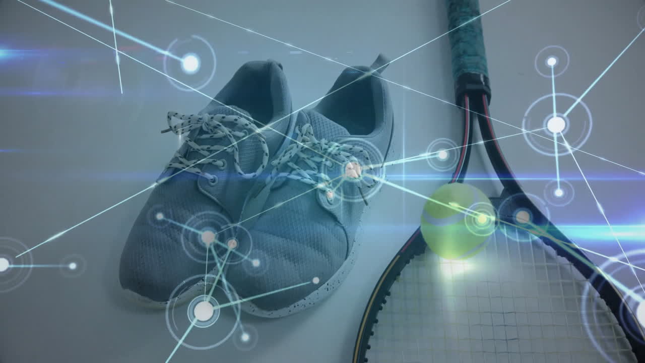 3D-rendered light-blue sneakers sitting beside black racket, green ball, glowing overlay animating