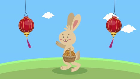 animación del festival de mediados de otoño feliz con escena de conejos y linternas