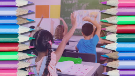 composite video of colored pencils against group of students raising their hands in class at school