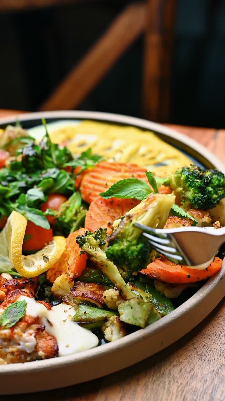 Forchetta che raccoglie cavolfiore arrostito da un contorno di verdure miste. Primo piano di una persona che mangia cavolfiore grigliato, carote e broccoli serviti come contorno su un piatto di ceramica.