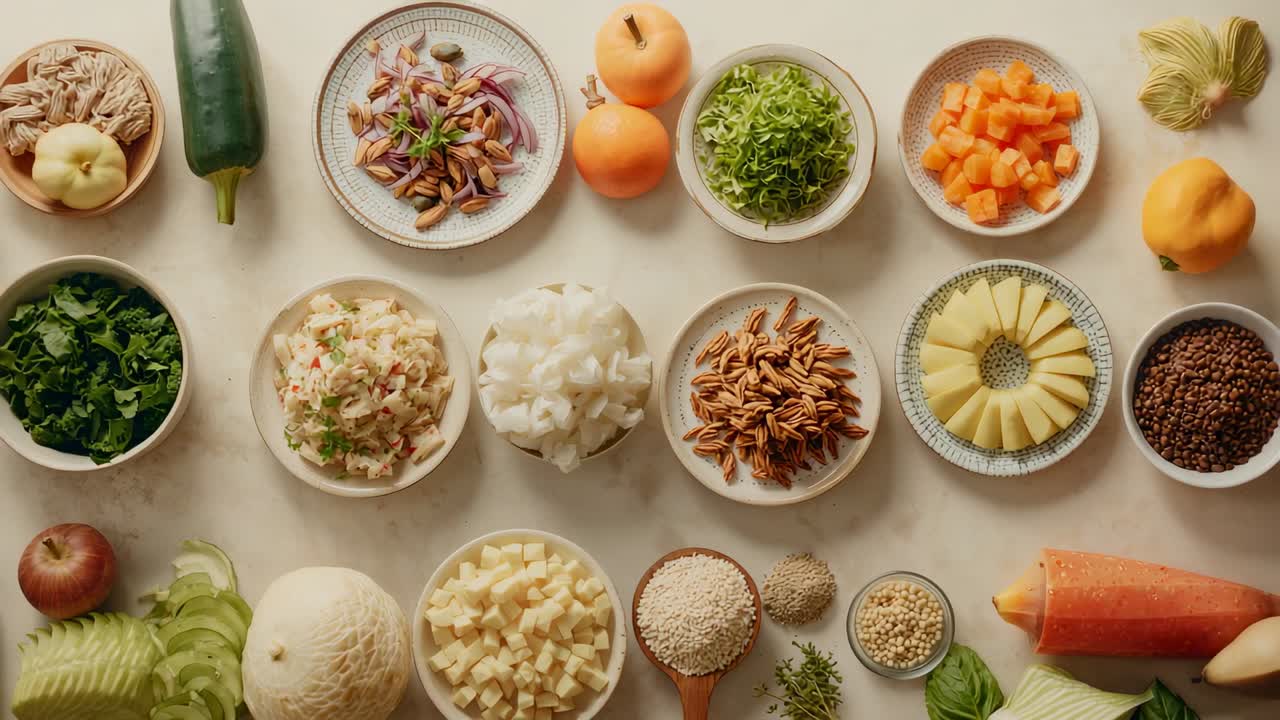 Displaying overhead grid on countertop in kitchen, with bowls of chopped vegetables and fruits