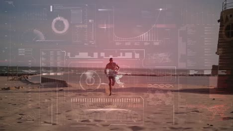 animación de pantalla digital y procesamiento de datos sobre hombre en forma corriendo por la costa