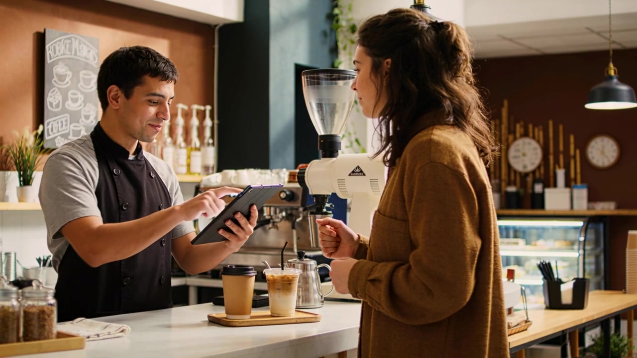 Cliente con cappotto marrone che ordina in un caffè, barista con camicia grigia e grembiule nero che controlla un tablet e consegna le tazze.