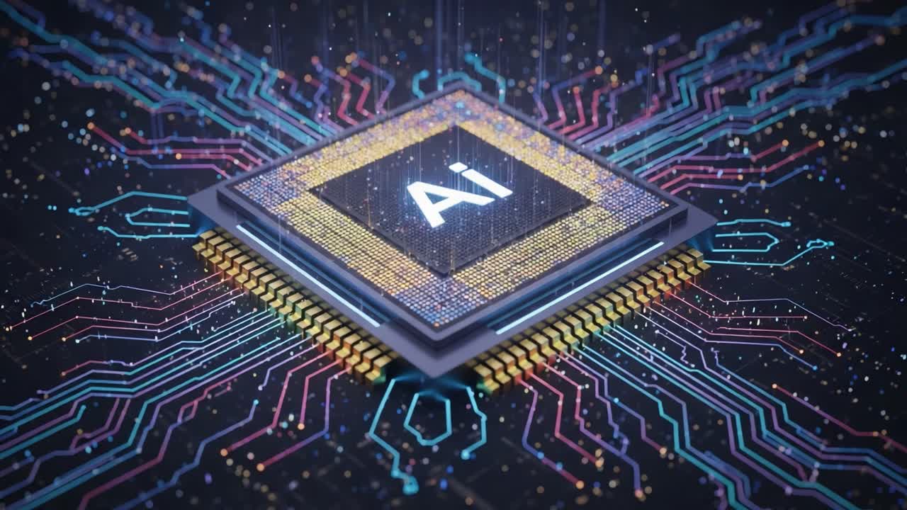 A Futuristic Microprocessor Chip Depicting Artificial Intelligence with Intricate Circuitry and Colorful Data Streams in an Abstract Digital Environment