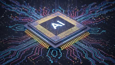 a futuristic microprocessor chip depicting artificial intelligence with intricate circuitry and colorful data streams in an abstract digital environment