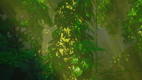 sunlight filters through leaves over a tall green plant in the jungle
