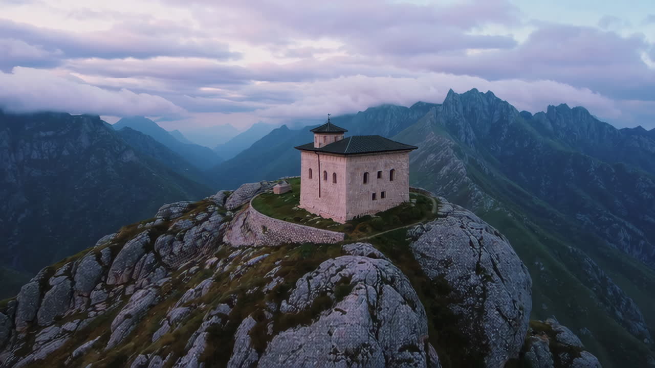 Ancient Chapel on Mountaintop at Sunset