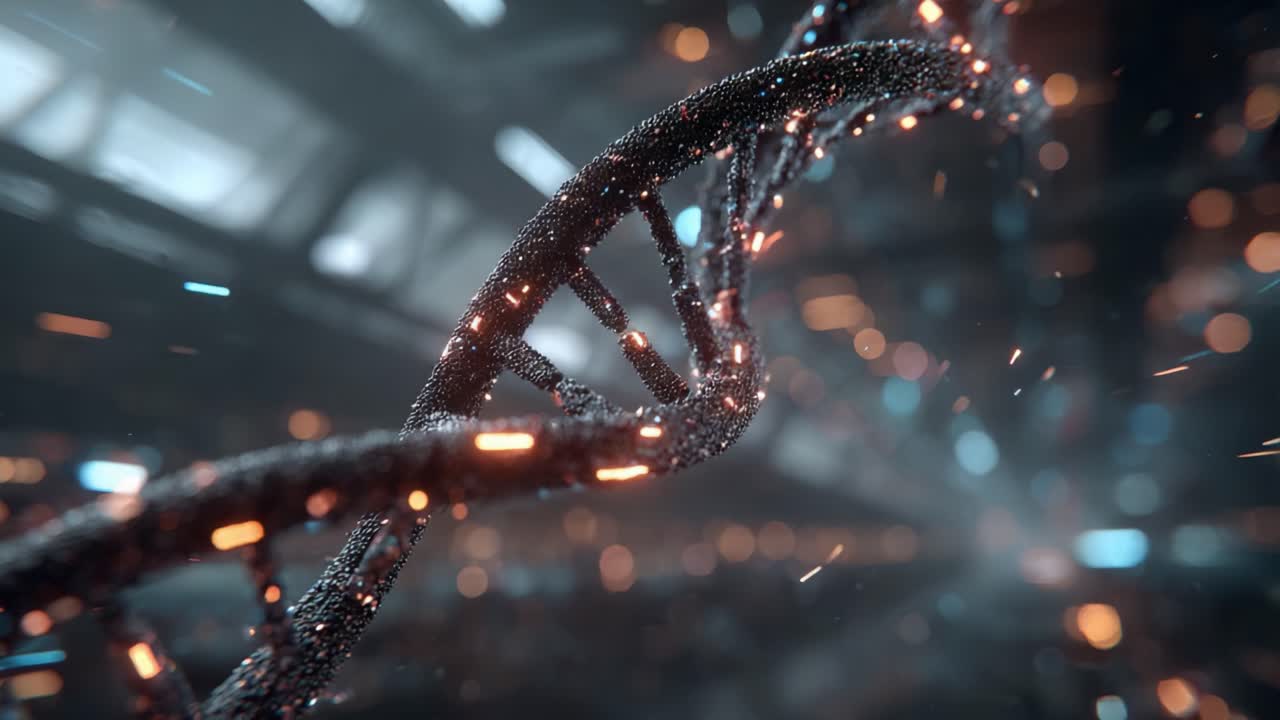 Esplorando le complessità del DNA: una sbalorditiva rappresentazione visiva delle strutture genetiche in un ambiente futuristico con illuminazione dinamica e particelle