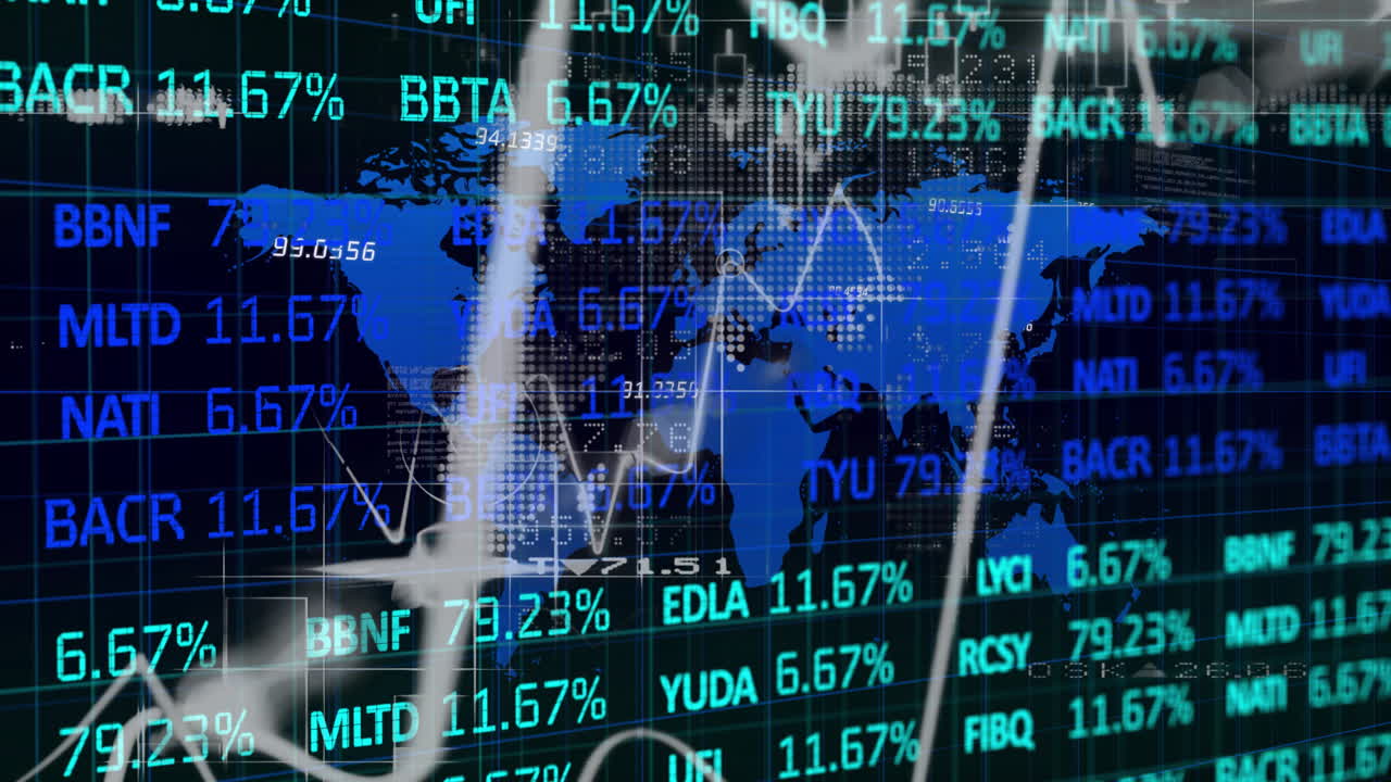 Stock market data and world map animation over financial trading background