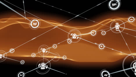 animación de la red de conexiones sobre ondas naranjas sobre fondo negro