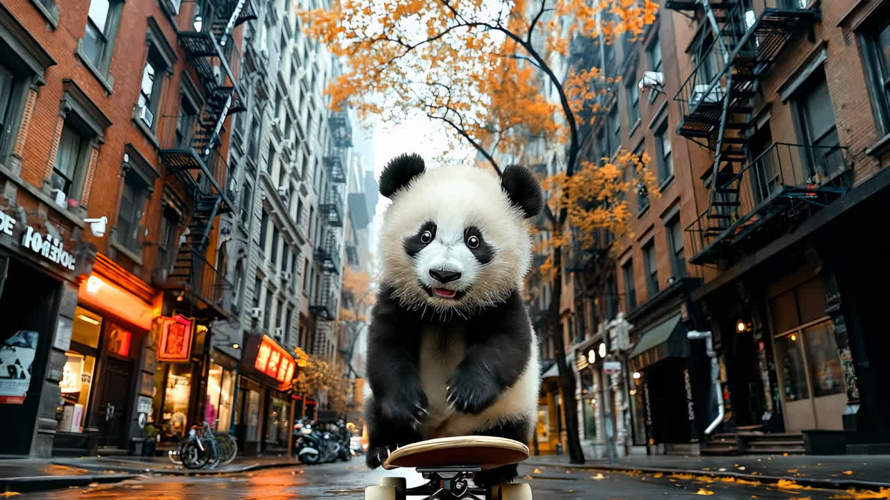Panda skateboarding in autumn. A playful panda rides a skateboard down a quiet city street lined with orange-leaved trees and bright shops