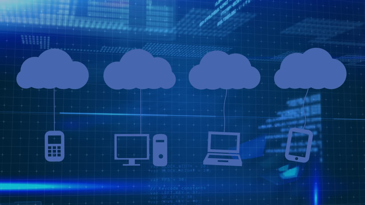 Animation of cloud icons and data processing over dark background