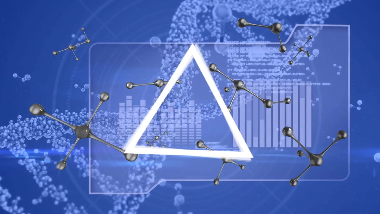 Animation of spinning dna strand and data processing over blue background