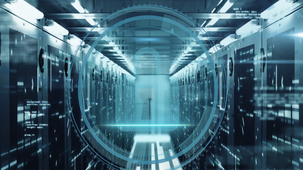 컴퓨터 서버  ⁇ 에 사이버 보안 텍스트 배너와 보안  ⁇ 락 아이콘의 애니메이션