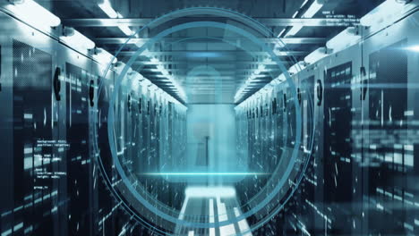 animation of cyber security text banner and security padlock icon against computer server room