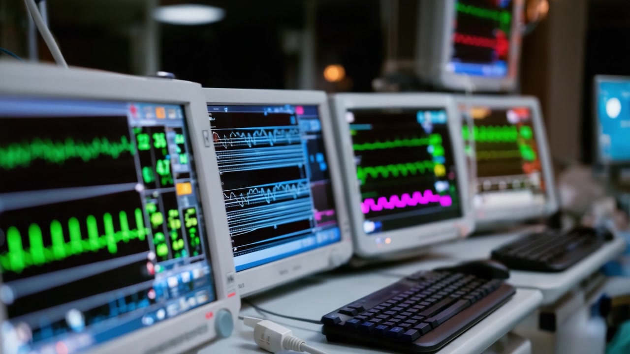 Monitor medici avanzati che mostrano segni vitali e letture ECG in un contesto sanitario, evidenziando la tecnologia e la precisione del monitoraggio del paziente.