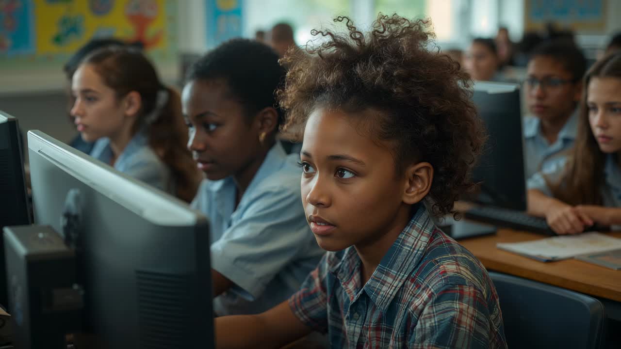 Reading assignment appearing onscreen, student in plaid shirt typing and doing work in computer lab