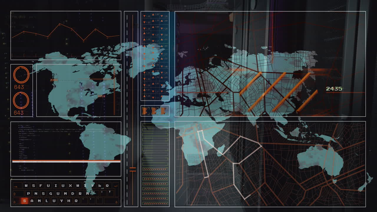 animación del procesamiento de datos y el mapa del mundo sobre la sala del servidor