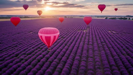 a stunning aerial view of colorful hot air balloons floating over a vibrant lavender field at sunset, capturing the tranquil beauty of nature