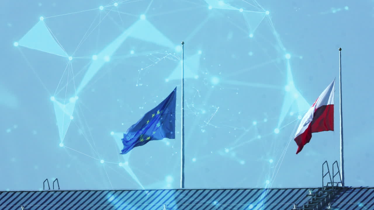 European Union and Poland flags waving with digital network overlay symbolizing technology, innovation and international cooperation