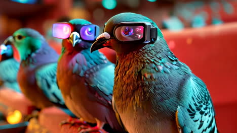 Colorful Pigeons Wearing Glasses in Vibrant Urban Setting. Pigeons with stylish glasses stand together, showcasing their colorful feathers in a lively urban environment filled with bright lights.