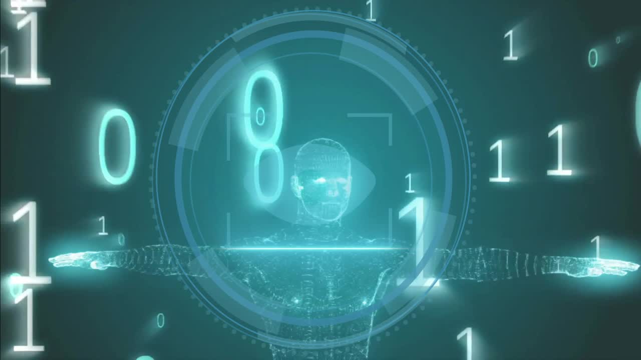 Start cyan mesh model making binary bits, pulsing HUD sweeping scanline showing cybersecurity