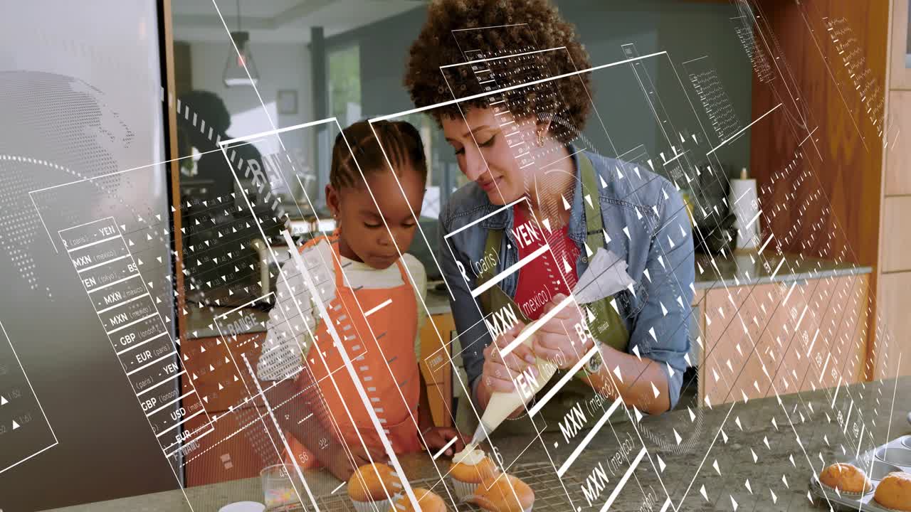 Woman squeezing piping bag guiding child at counter teaching culinary icing with tech UI overlaid