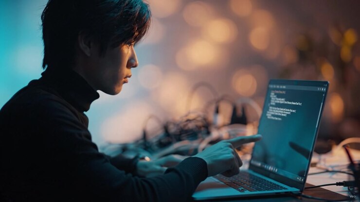 Focused programmer deeply engaged in coding at a computer, illuminated by soft colorful lights, showcasing a creative and modern workspace atmosphere.