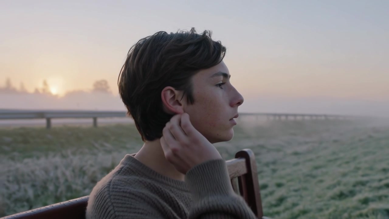 Reaccionando al amanecer, adolescente masculino arreglándose el cabello en un banco costero, vistiendo un suéter de punto, espacio para texto