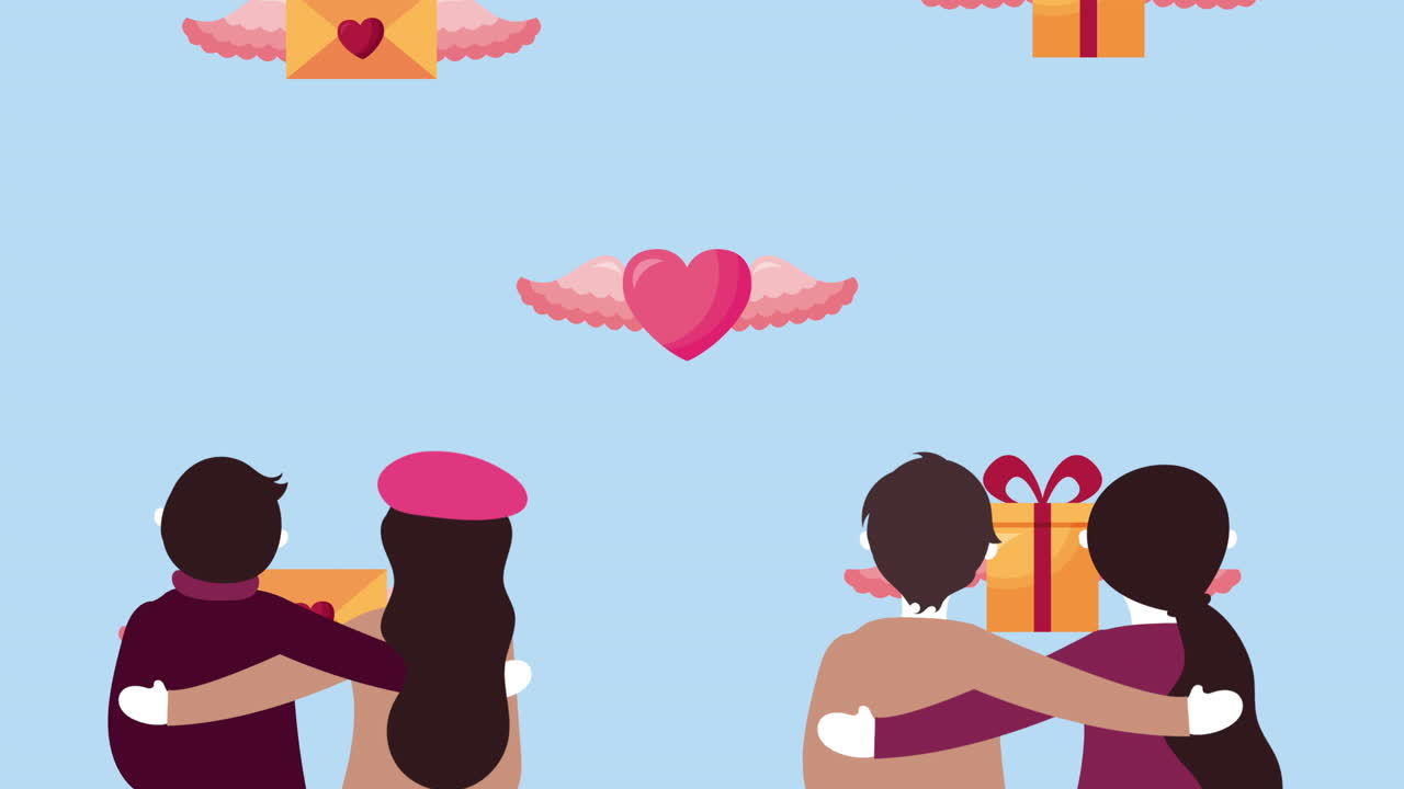 사랑하는 커플과 선물이 날아다니는 발렌타인 데이 애니메이션 카드