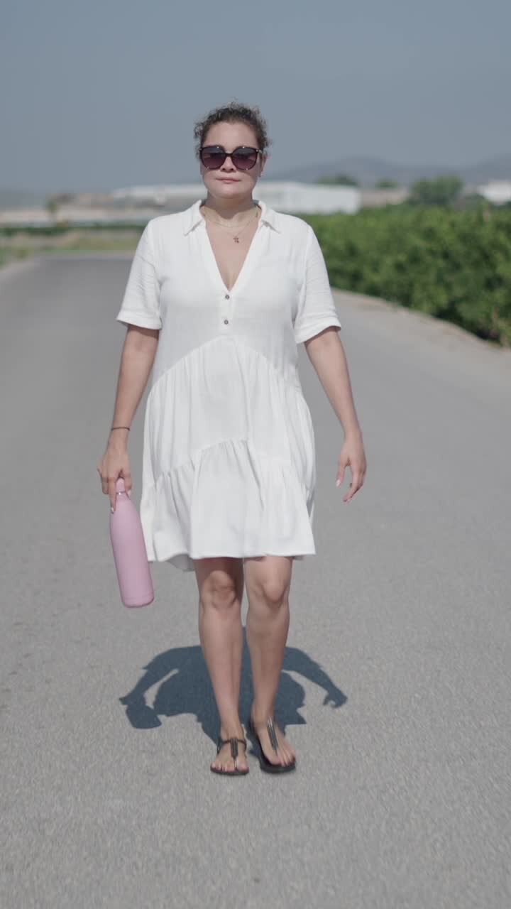 Woman walking on road with a pink bottle