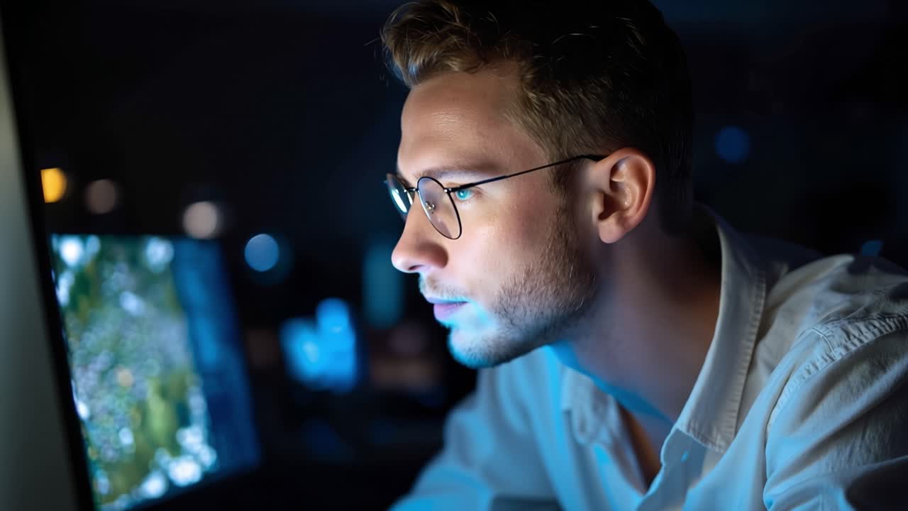 Fokusert person analyserer data på dataskjerm i et dempet belyst miljø