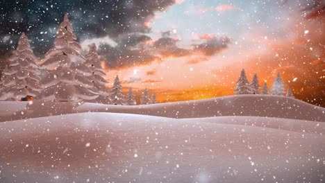 winter scenery with orange colored sky and falling snow