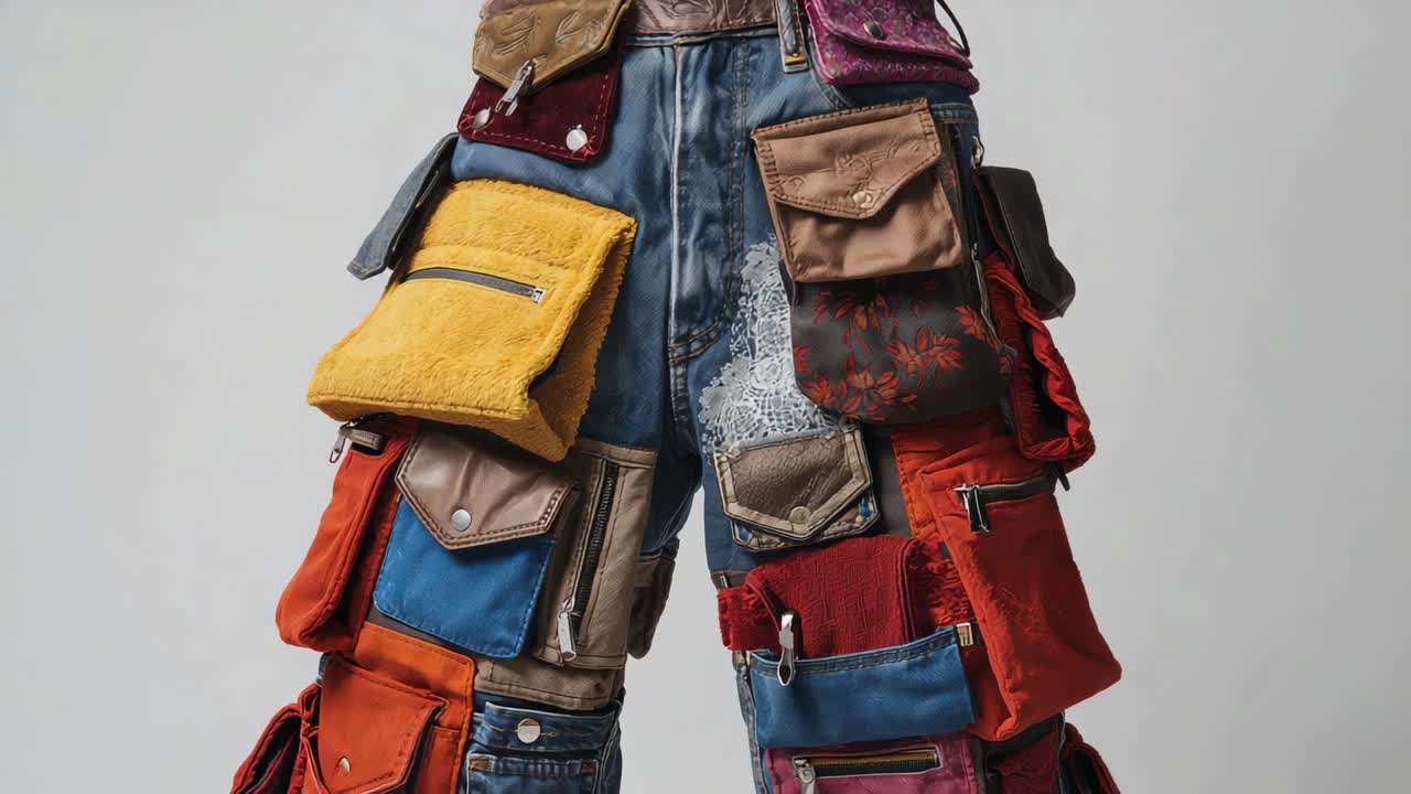 Model modeling patched denim pants, shifting hips and revealing pockets in studio, showing zippers