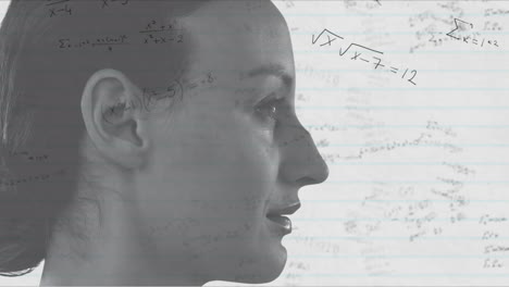 animación de ecuaciones matemáticas, primer plano de una mujer caucásica de pie contra un fondo blanco