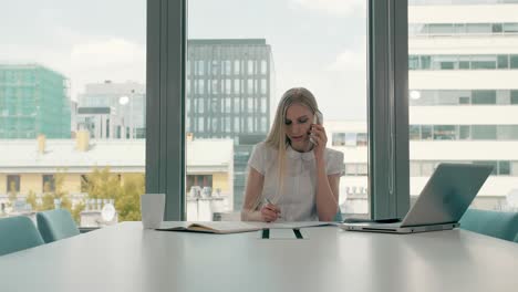 serious woman working in light office room. elegant modern businesswoman with laptop and papers at long table in conference light room having phone call