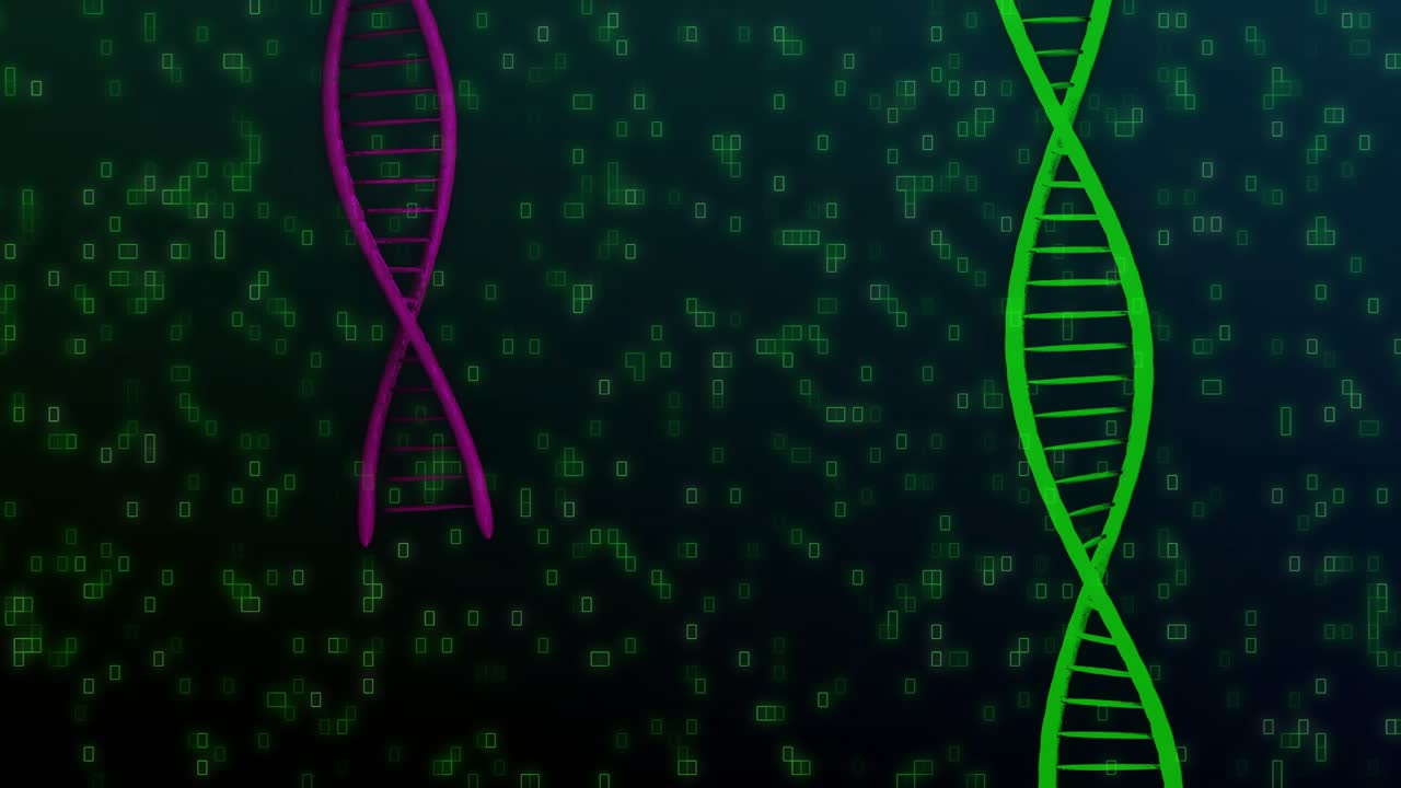 On start green, magenta helices shifting while hex grid forming and pixels cascading, showing data