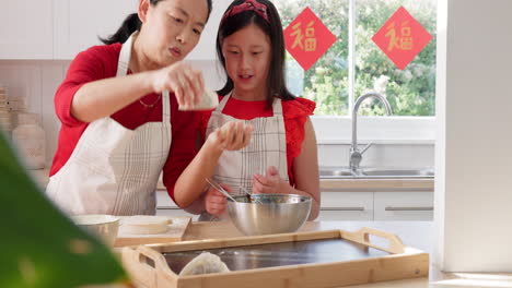 madre e hija haciendo dumplings de año nuevo chino